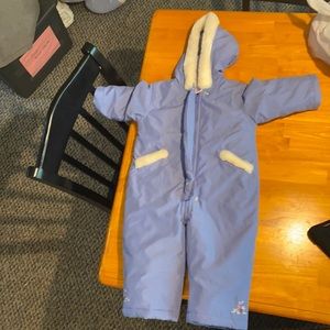 Light purple and cream faux fur snow suit.